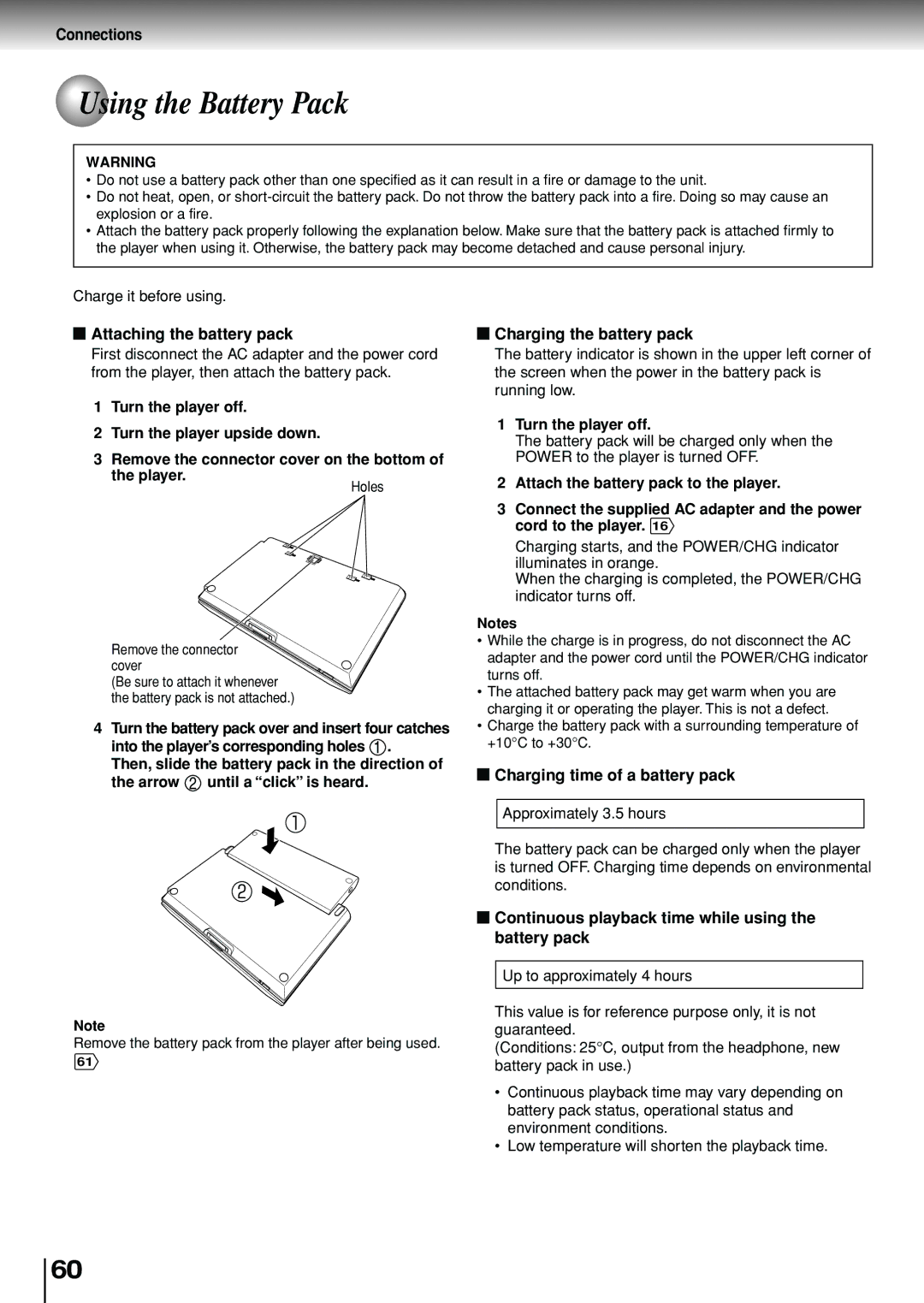 Toshiba SD-P1880SE owner manual Using the Battery Pack, Attaching the battery pack, Charging the battery pack 