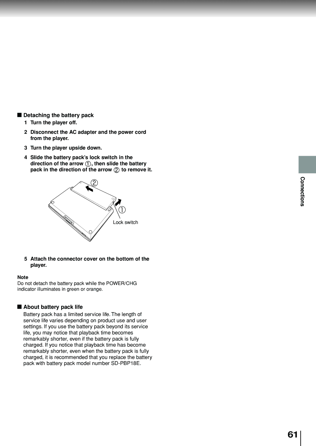 Toshiba SD-P1880SE owner manual Detaching the battery pack, About battery pack life 