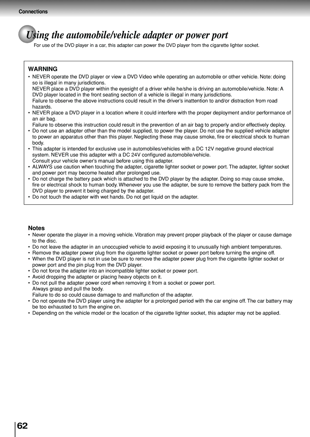 Toshiba SD-P1880SE owner manual Using the automobile/vehicle adapter or power port 