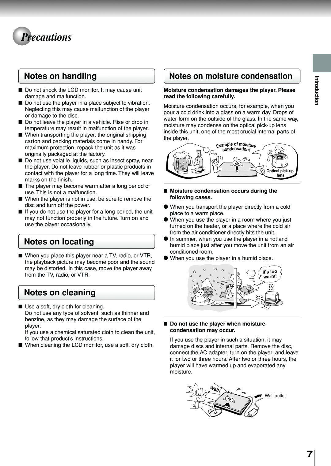 Toshiba SD-P1880SE owner manual Precautions, Wait, Moisture condensation occurs during the following cases 