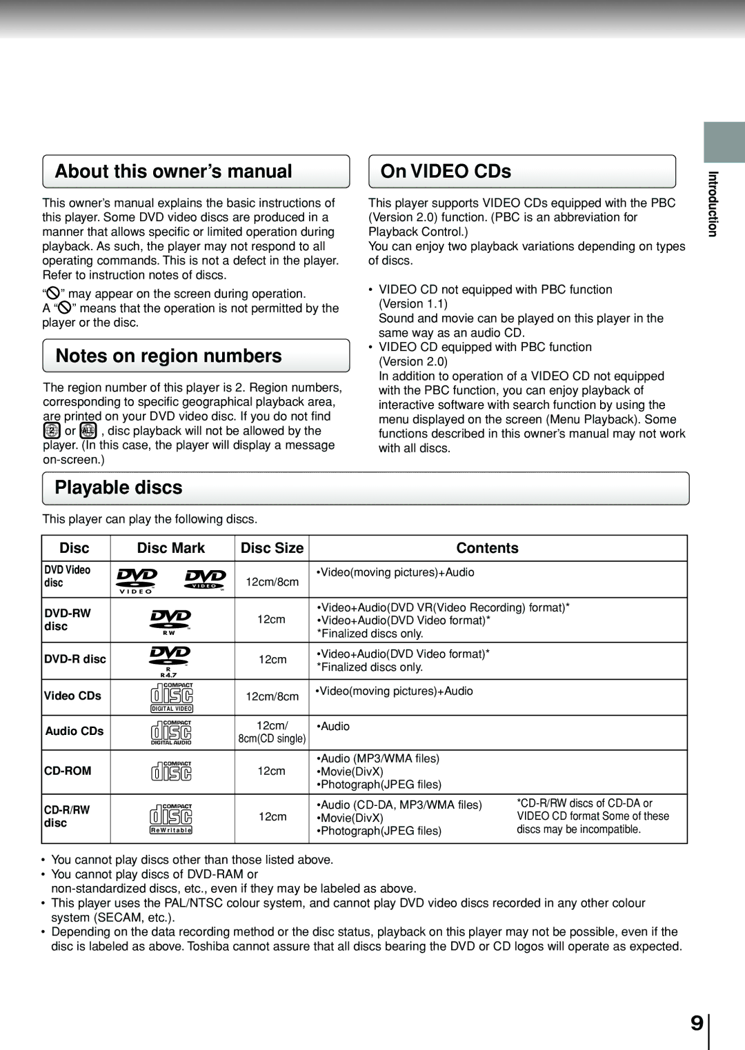 Toshiba SD-P1880SE owner manual On Video CDs, Playable discs, Disc Disc Mark Disc Size Contents 