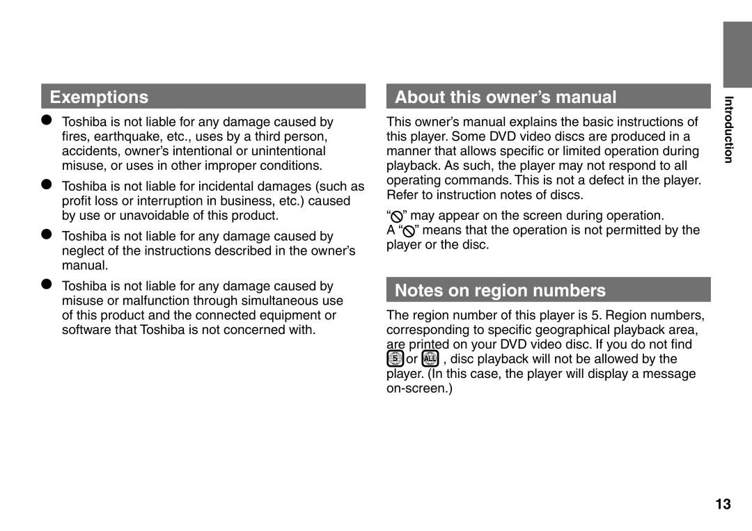 Toshiba SD-P1900SR owner manual Exemptions 