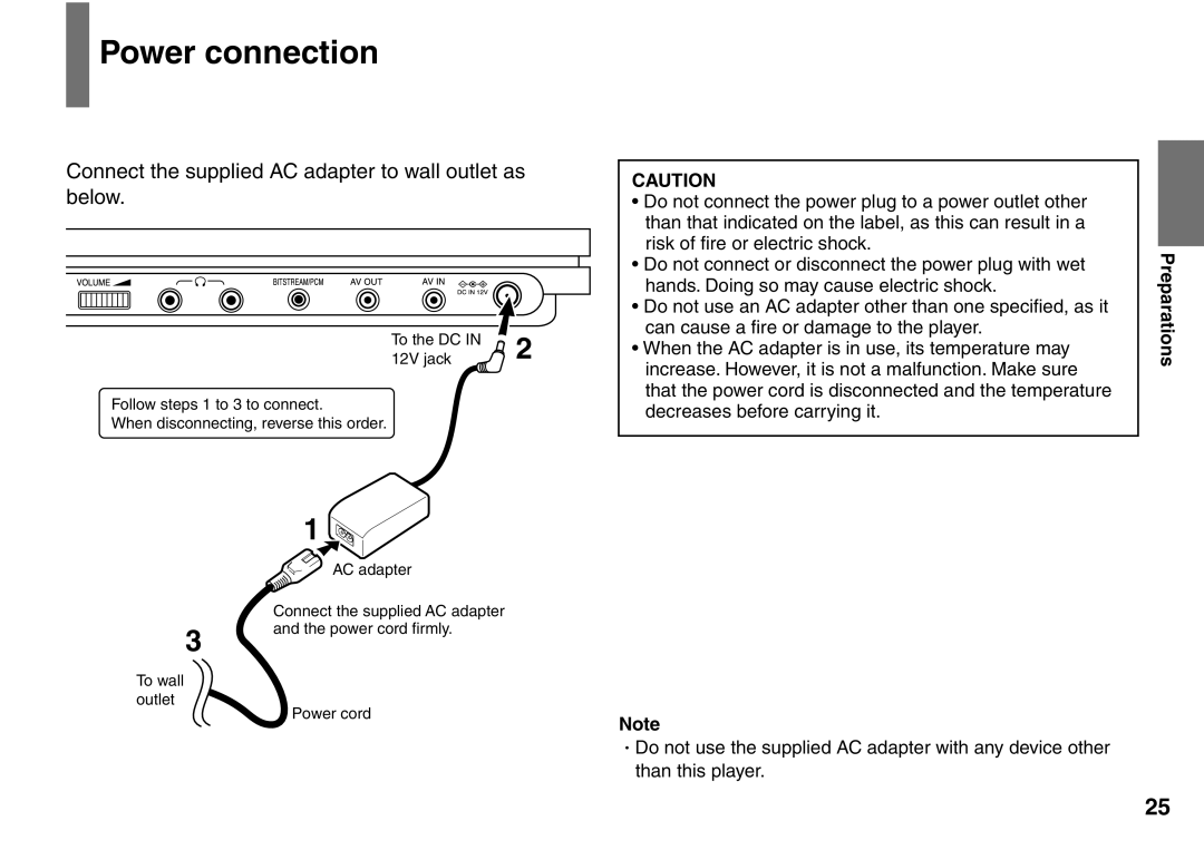 Toshiba SD-P1900SR owner manual Power connection, Connect the supplied AC adapter to wall outlet as below 