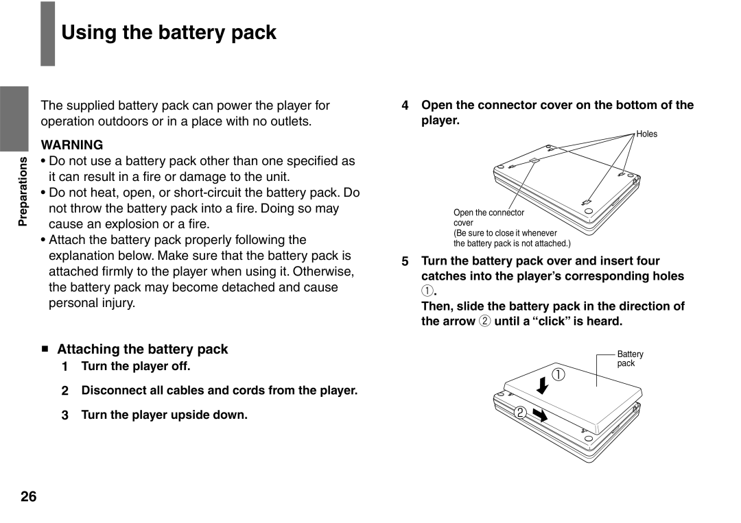 Toshiba SD-P1900SR owner manual Using the battery pack, Attaching the battery pack 