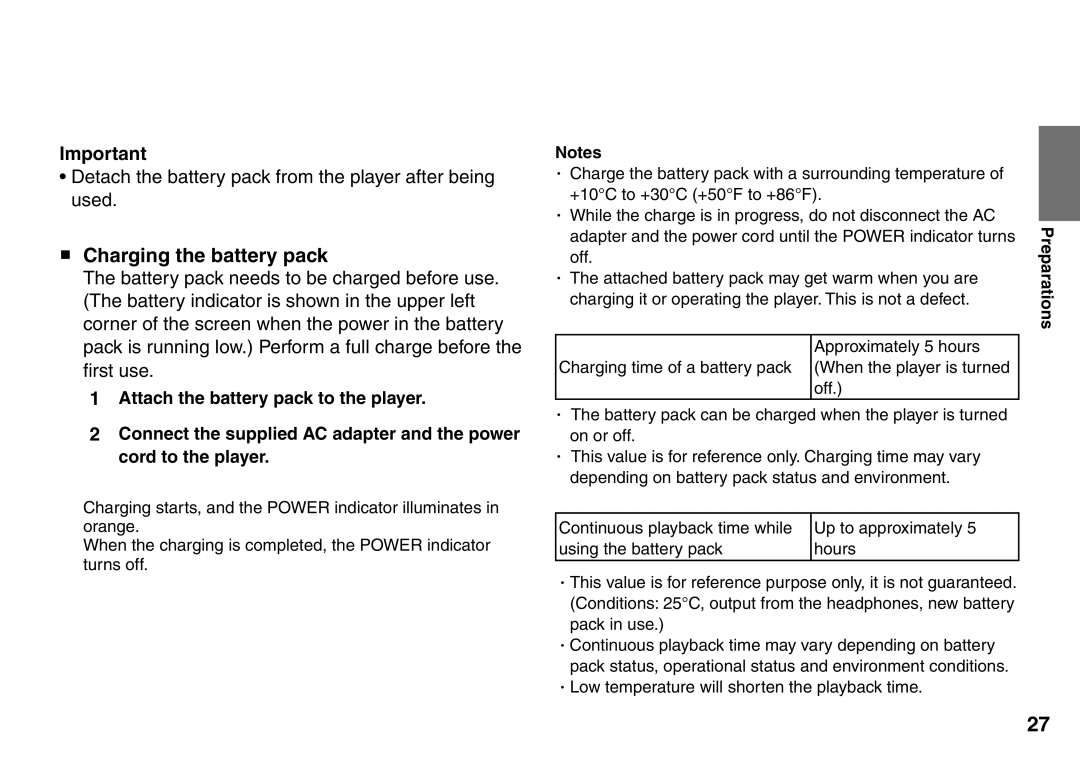 Toshiba SD-P1900SR owner manual Charging the battery pack, Detach the battery pack from the player after being used 