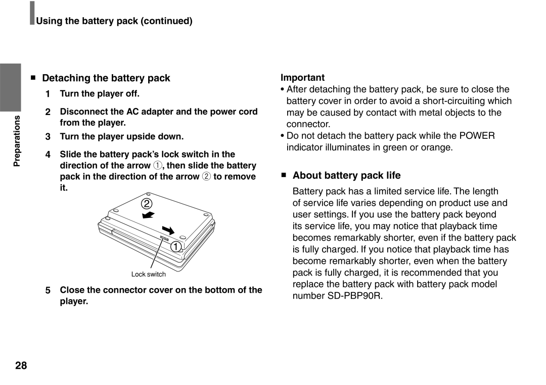 Toshiba SD-P1900SR owner manual Detaching the battery pack, About battery pack life 