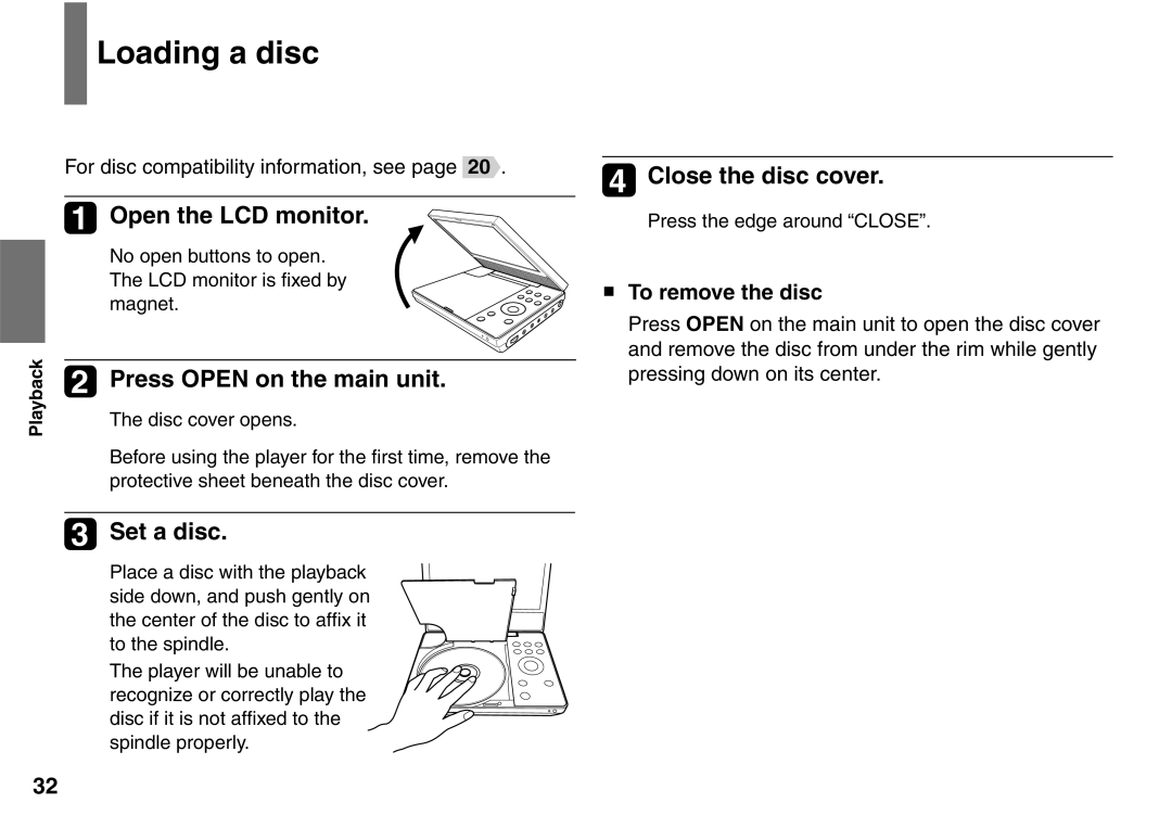 Toshiba SD-P1900SR owner manual Loading a disc, Open the LCD monitor, Set a disc, Close the disc cover, To remove the disc 