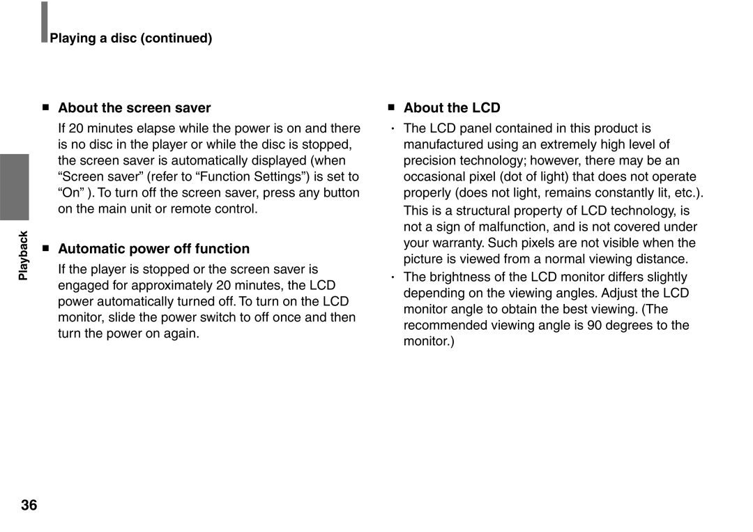 Toshiba SD-P1900SR owner manual About the screen saver, Automatic power off function, About the LCD, Playing a disc 