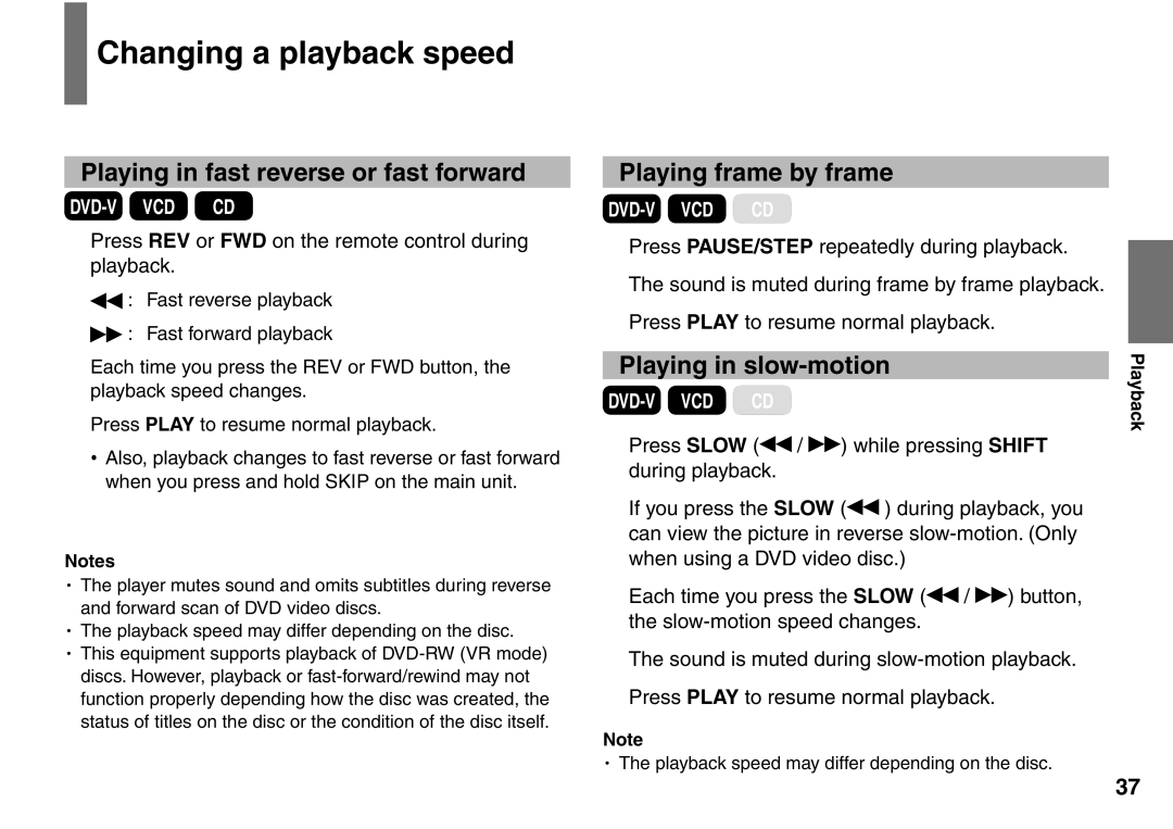 Toshiba SD-P1900SR owner manual Changing a playback speed, Playing in fast reverse or fast forward, Playing frame by frame 