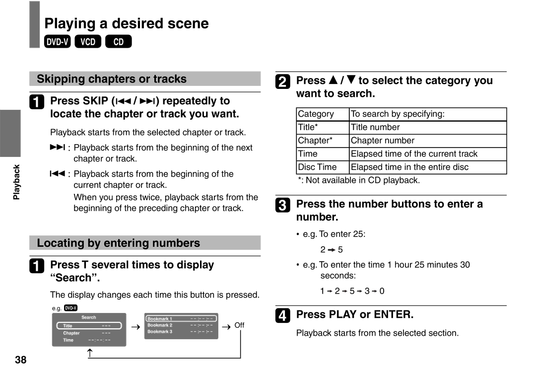 Toshiba SD-P1900SR Playing a desired scene, Skipping chapters or tracks, Locating by entering numbers, Press Play or Enter 