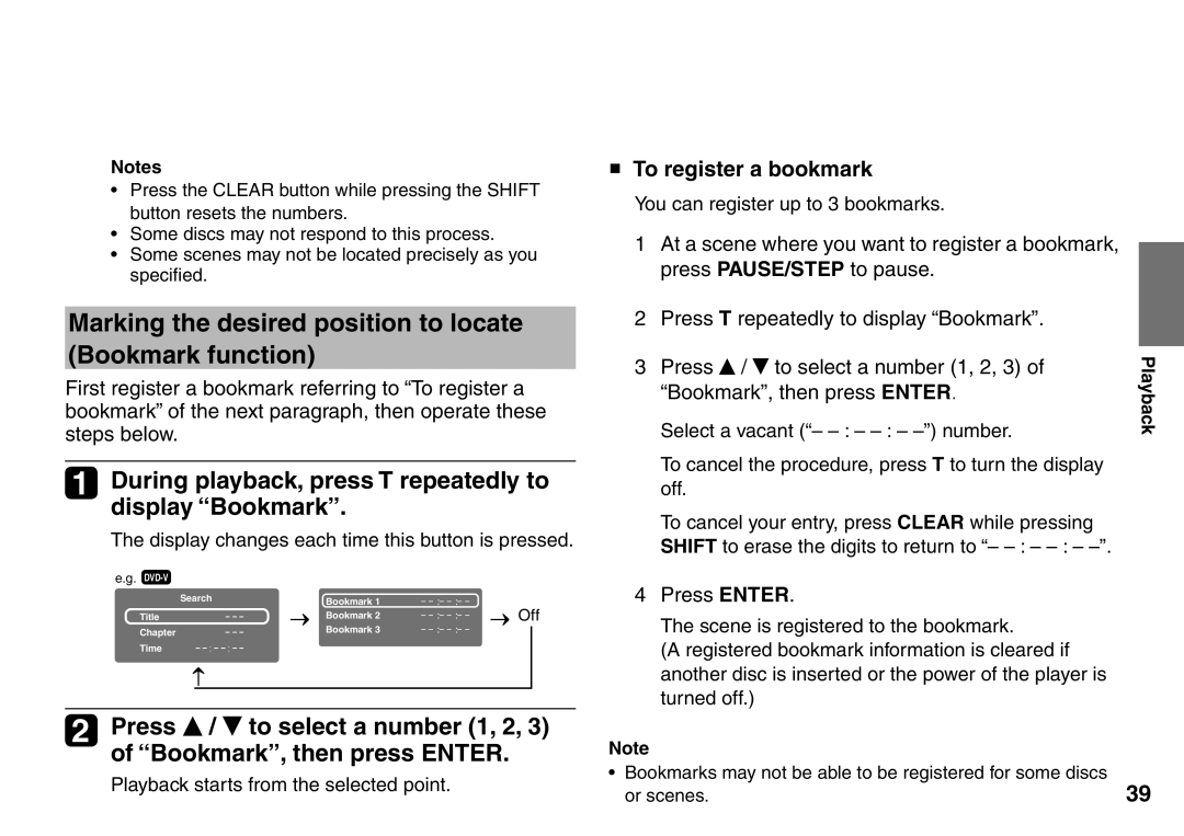 Toshiba SD-P1900SR owner manual Marking the desired position to locate Bookmark function, Bookmark, then press Enter 