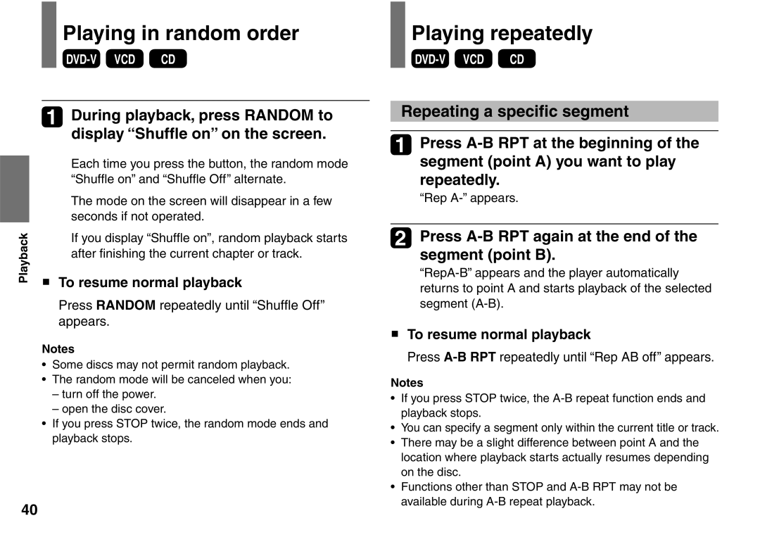 Toshiba SD-P1900SR owner manual Playing in random order, Playing repeatedly, Repeating a speciﬁc segment, Repeatedly 