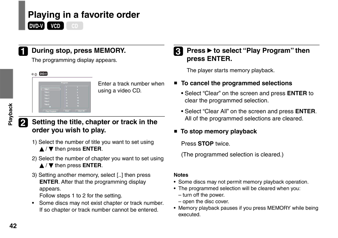 Toshiba SD-P1900SR Playing in a favorite order, During stop, press Memory, Press to select Play Program then press Enter 