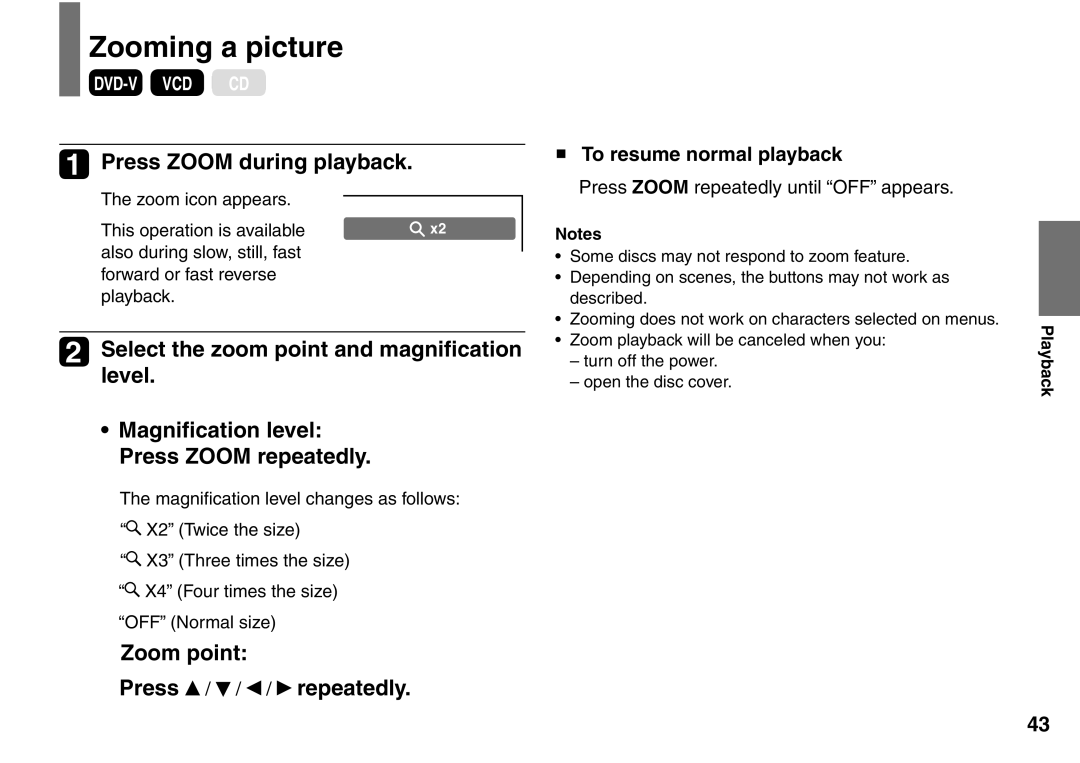 Toshiba SD-P1900SR owner manual Zooming a picture, Press Zoom during playback, Zoom point Press / / / repeatedly 