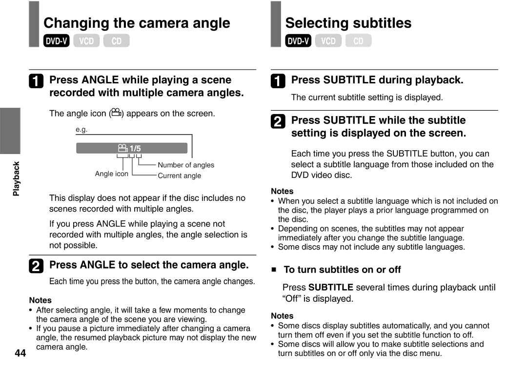 Toshiba SD-P1900SR owner manual Changing the camera angle, Selecting subtitles, Press Subtitle during playback 