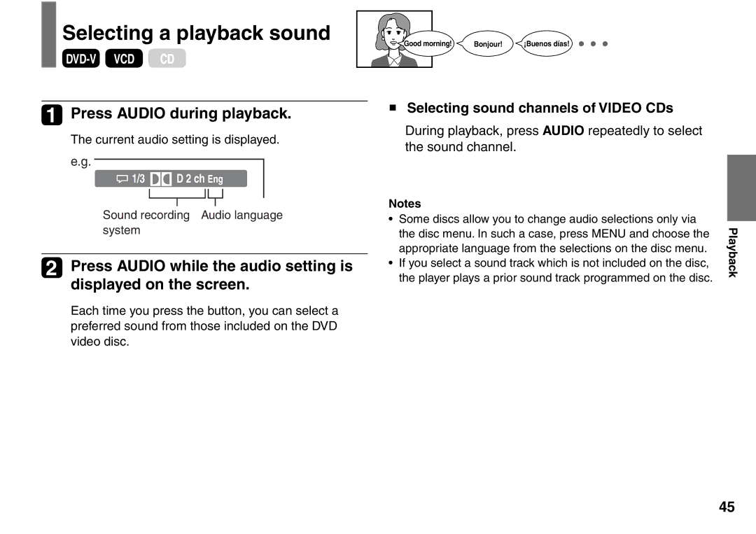 Toshiba SD-P1900SR Selecting a playback sound, Press Audio during playback, Selecting sound channels of Video CDs 