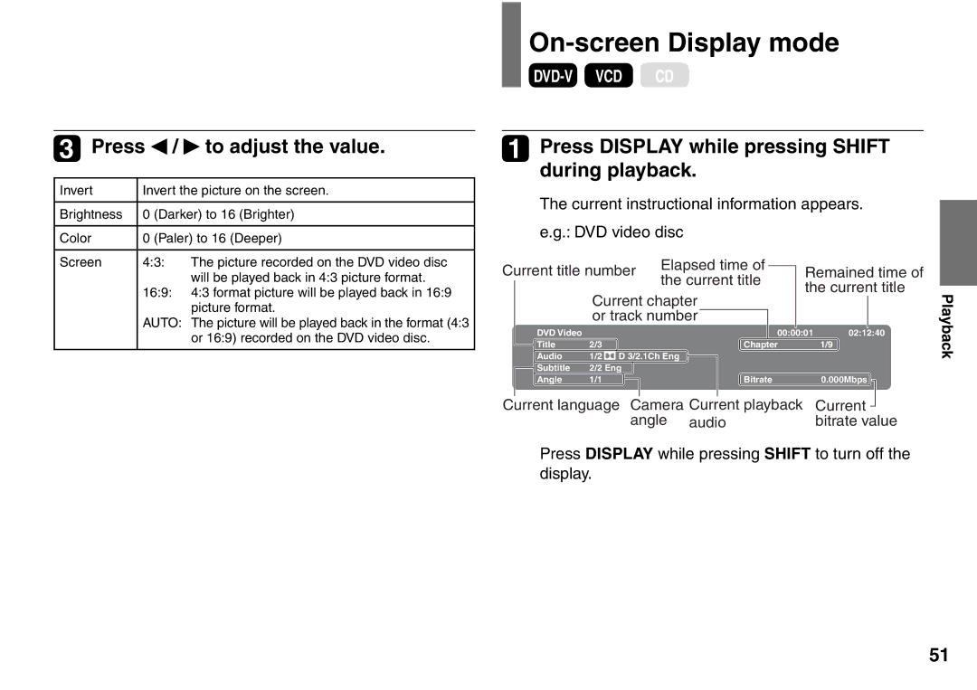 Toshiba SD-P1900SR On-screen Display mode, Press / to adjust the value, Press Display while pressing Shift during playback 