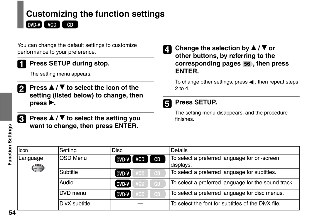 Toshiba SD-P1900SR owner manual Customizing the function settings, Press Setup during stop 