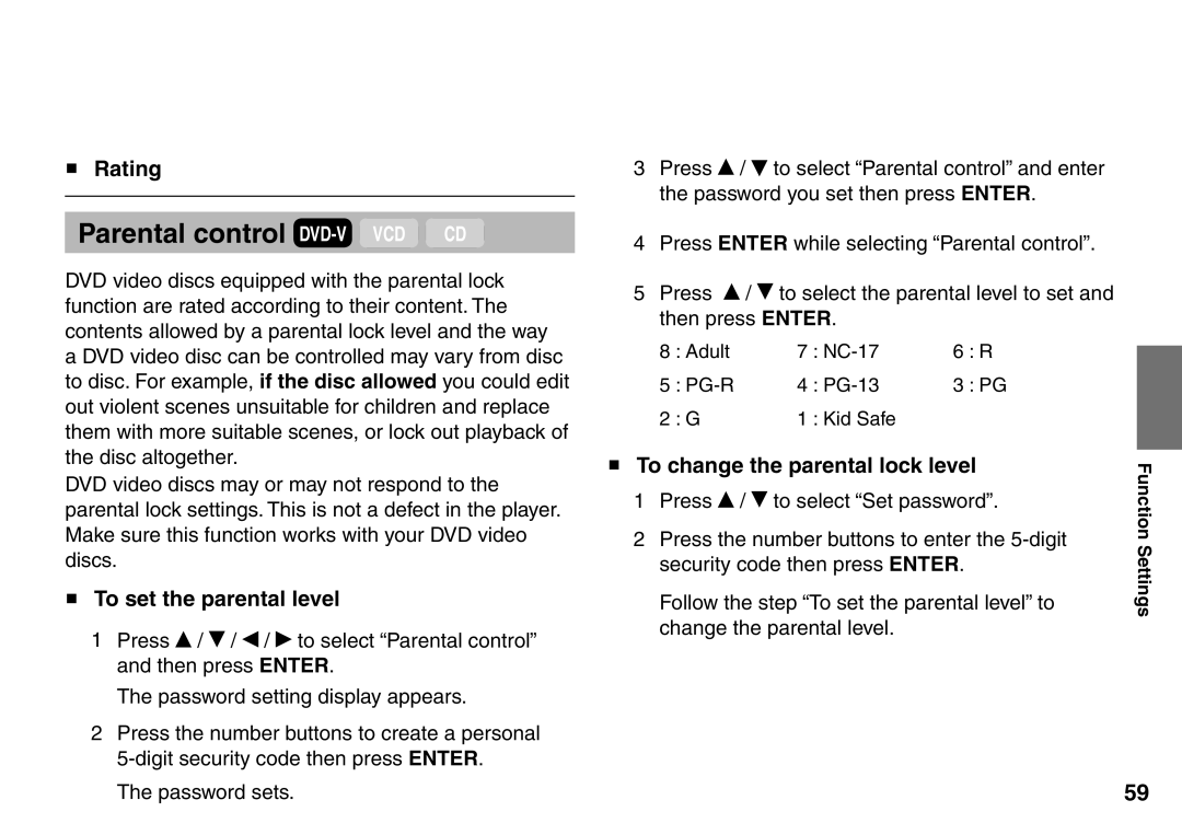 Toshiba SD-P1900SR owner manual Rating, To set the parental level, To change the parental lock level 