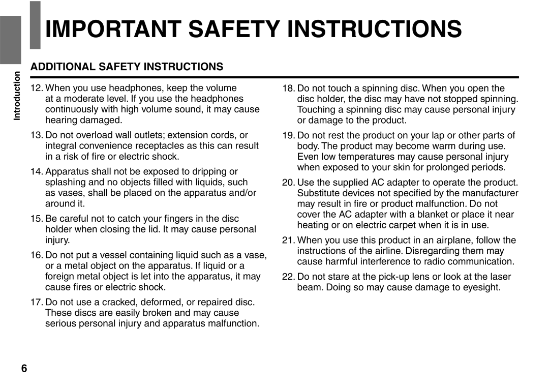 Toshiba SD-P1900SR owner manual Additional Safety Instructions 