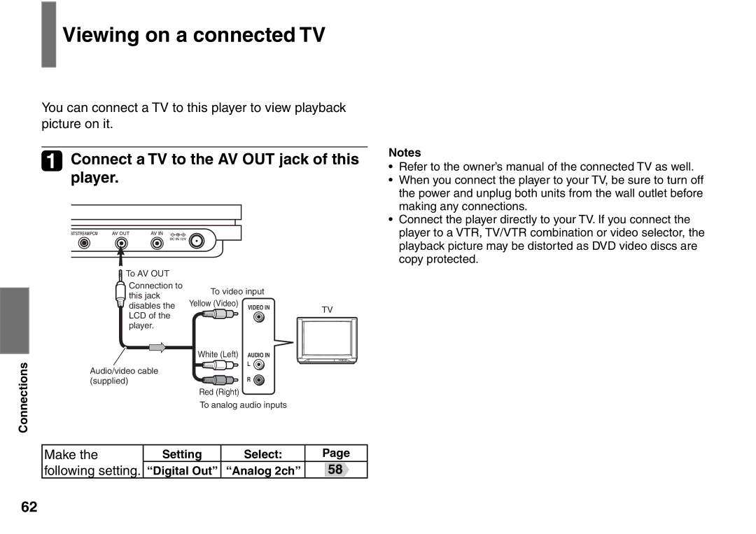 Toshiba SD-P1900SR Viewing on a connected TV, Connect a TV to the AV OUT jack of this player, Make, Following setting 