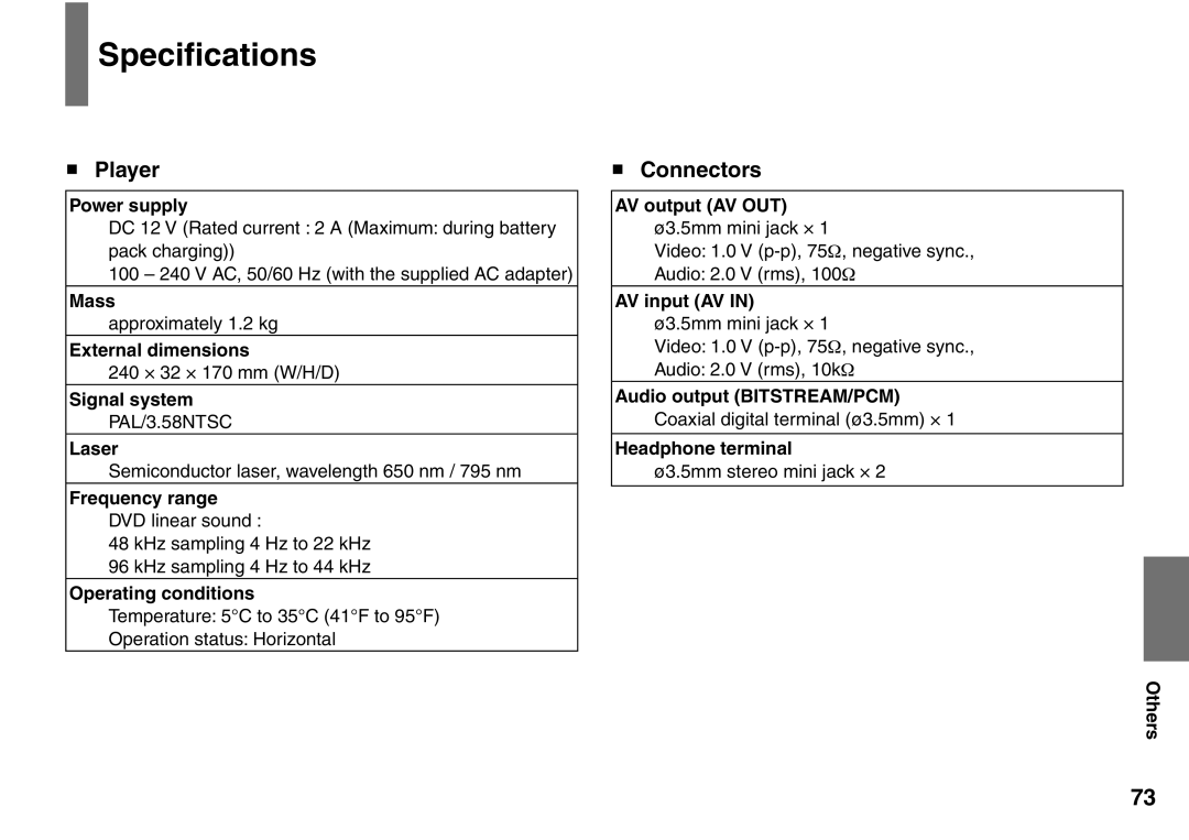 Toshiba SD-P1900SR owner manual Speciﬁcations, Player, Connectors 