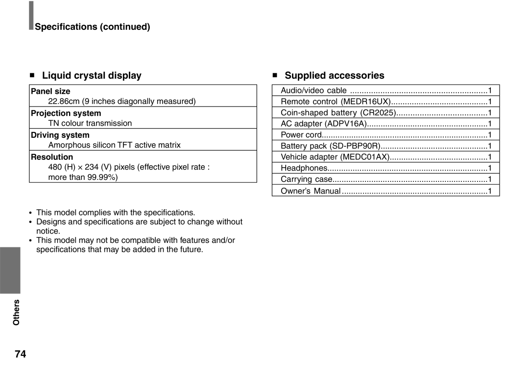 Toshiba SD-P1900SR owner manual Liquid crystal display, Supplied accessories, Speciﬁcations 