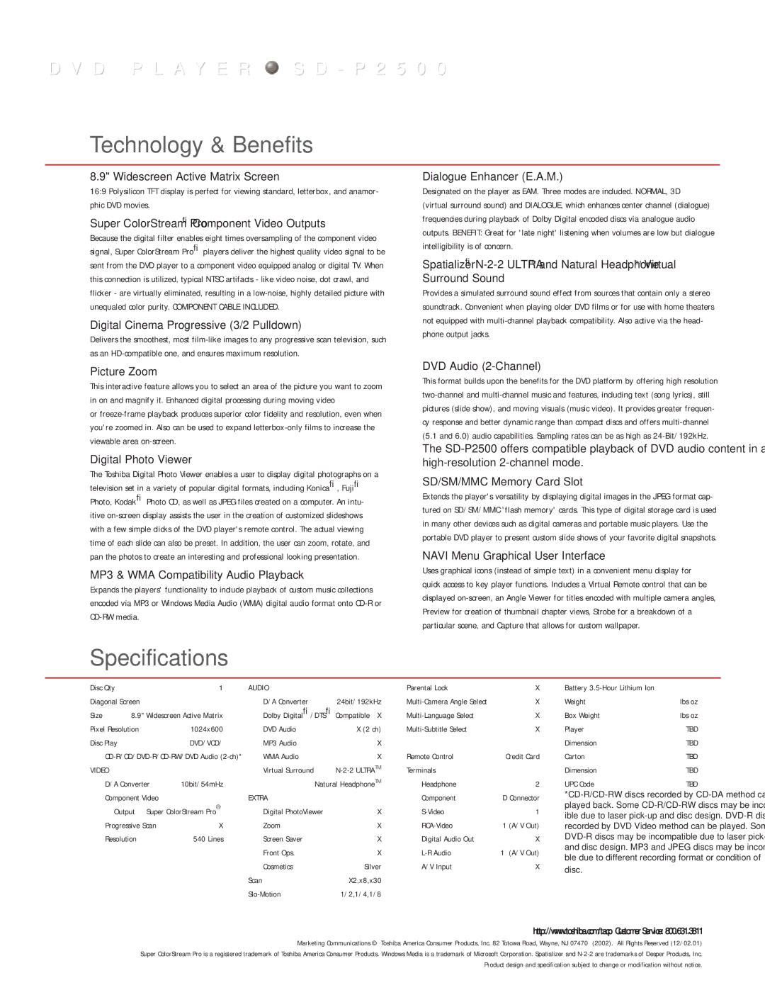 Toshiba SD-P2500 manual Technology & Benefits, Specifications 