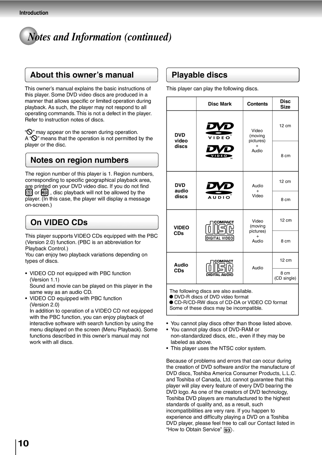 Toshiba SD-P2600 manual Playable discs, On Video CDs 