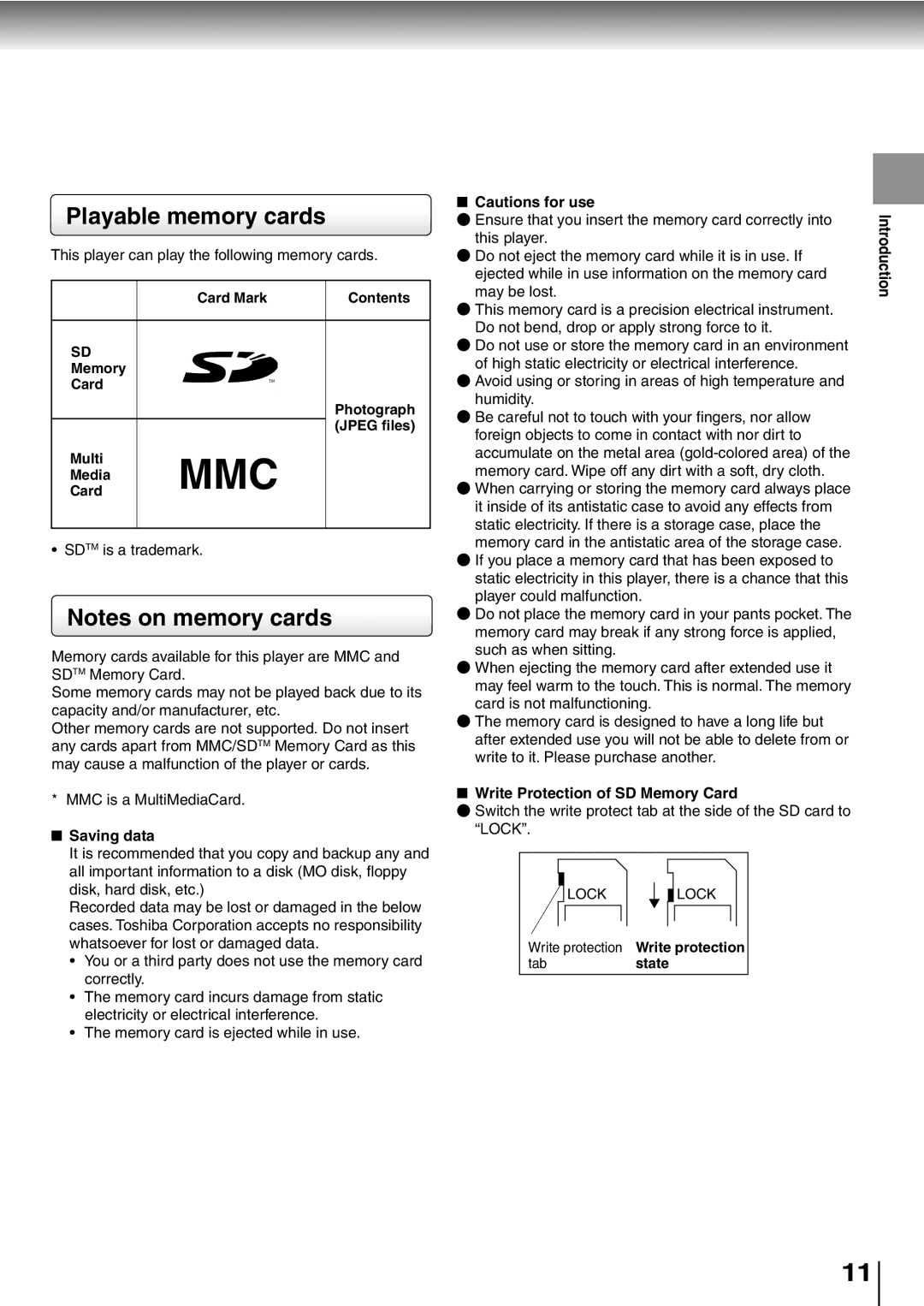 Toshiba SD-P2600 manual Playable memory cards 