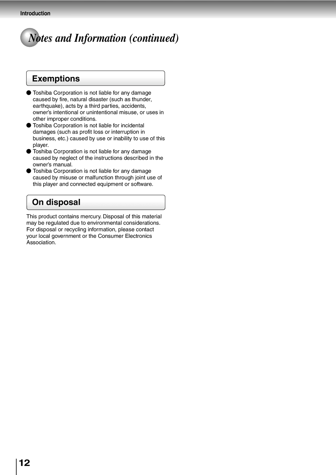 Toshiba SD-P2600 manual Exemptions, On disposal 