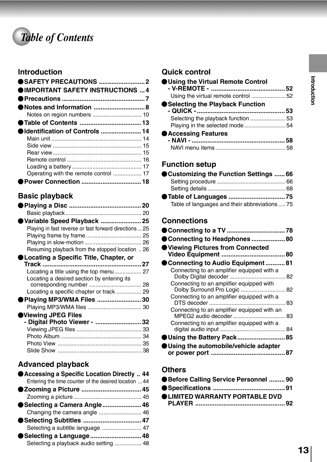 Toshiba SD-P2600 manual Table of Contents 