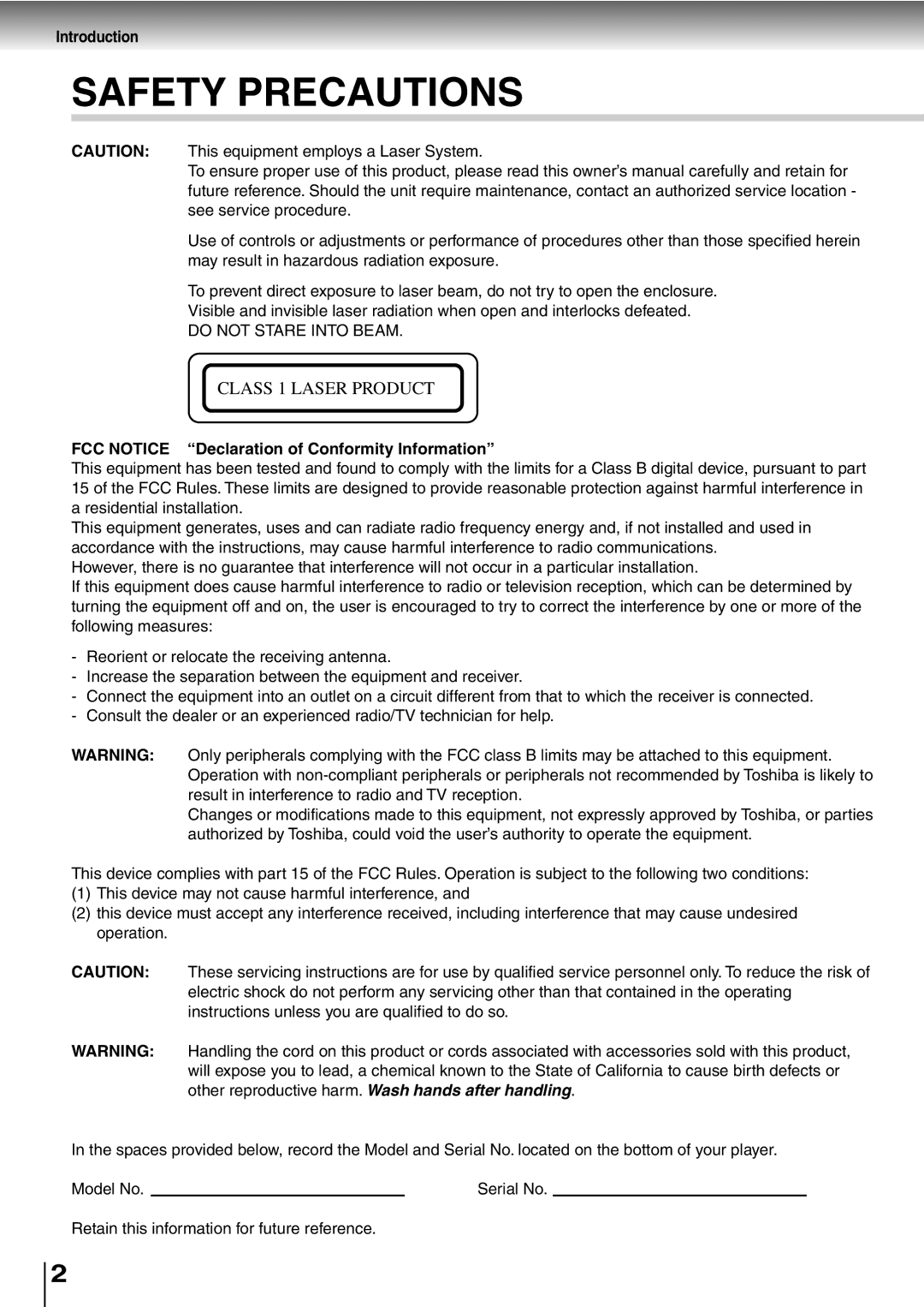 Toshiba SD-P2600 manual Introduction, FCC Notice Declaration of Conformity Information, Serial No 