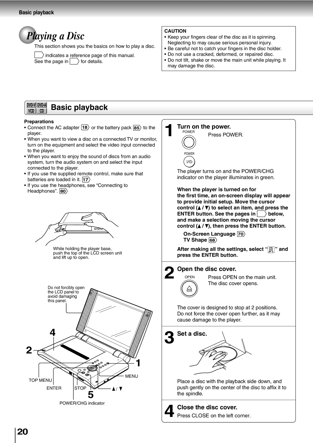 Toshiba SD-P2600 manual Playing a Disc, DVD-VDVD-ABasic playback, Turn on the power, Open the disc cover, Set a disc 