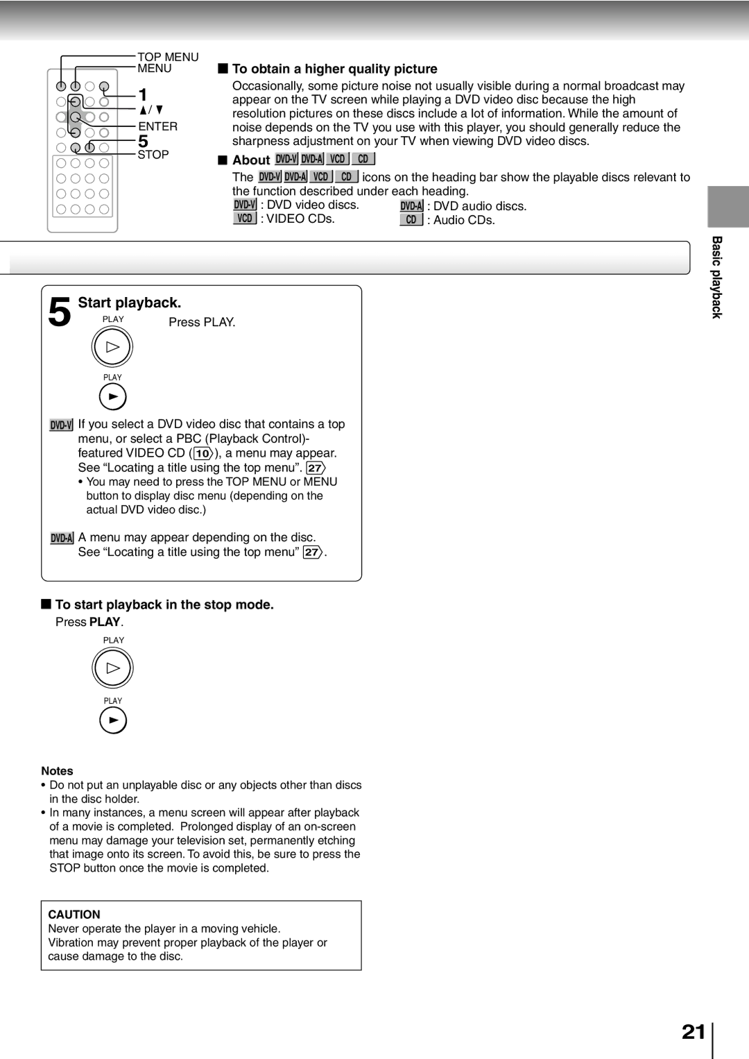 Toshiba SD-P2600 manual Start playback, To obtain a higher quality picture, To start playback in the stop mode 