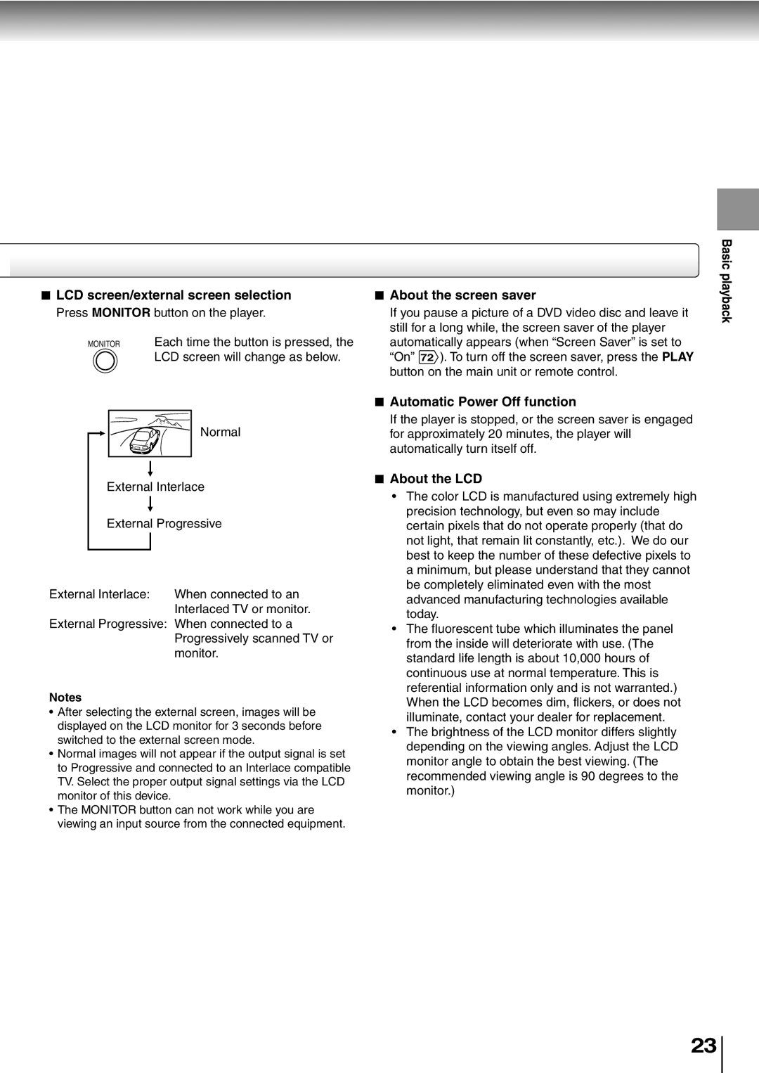 Toshiba SD-P2600 LCD screen/external screen selection, About the screen saver, Automatic Power Off function, About the LCD 