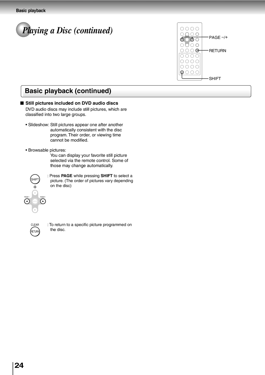 Toshiba SD-P2600 manual Still pictures included on DVD audio discs, +, Clear To return to a specific picture programmed on 