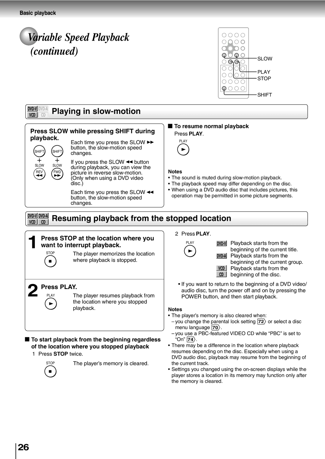 Toshiba SD-P2600 manual DVD-VDVD-APlaying in slow-motion, DVD-VDVD-AResuming playback from the stopped location 