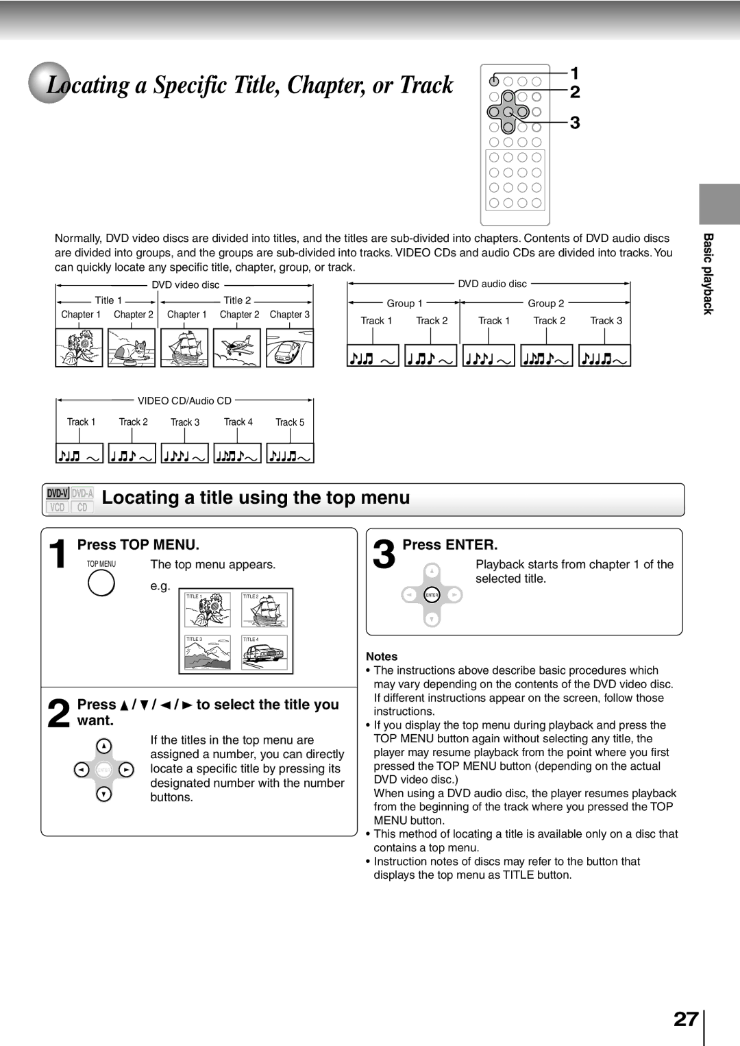 Toshiba SD-P2600 manual DVD-VDVD-ALocating a title using the top menu, Press TOP Menu, Press Enter, Press / want 