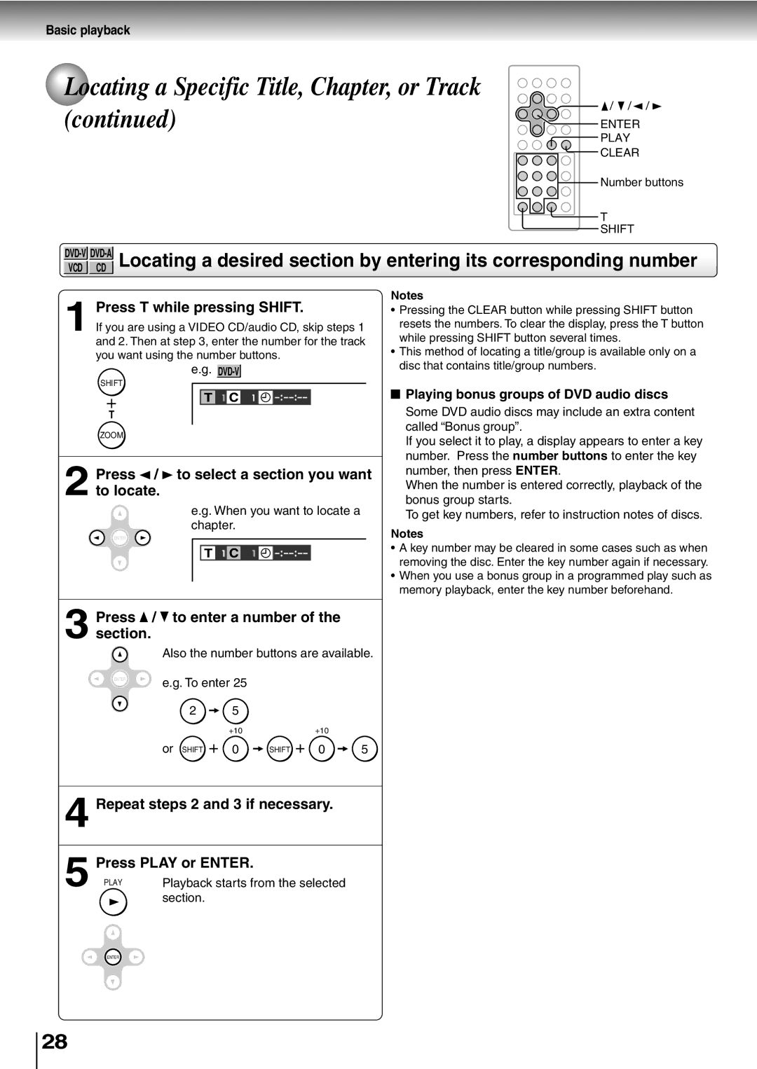 Toshiba SD-P2600 manual Locating a Specific Title, Chapter, or Track, Press T while pressing Shift 