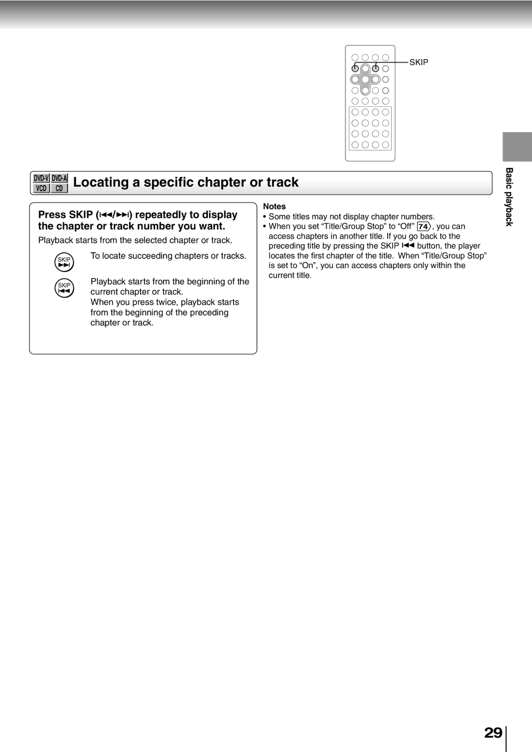 Toshiba SD-P2600 Locating a specific chapter or track, Press Skip Repeatedly to display, Chapter or track number you want 