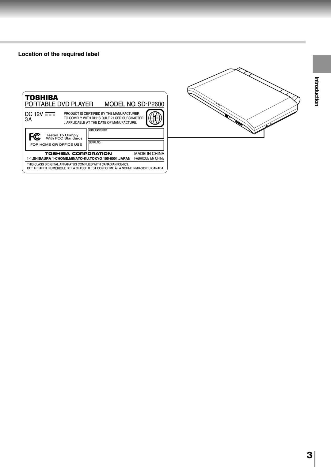 Toshiba SD-P2600 manual Location of the required label, Introduction 