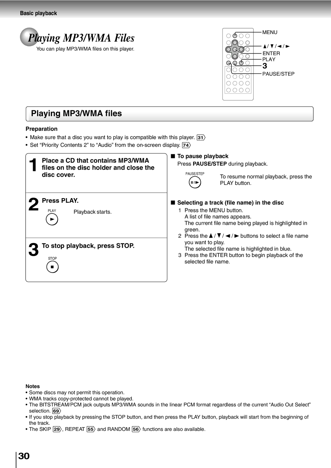 Toshiba SD-P2600 manual Playing MP3/WMA Files, Playing MP3/WMA files, To stop playback, press Stop 