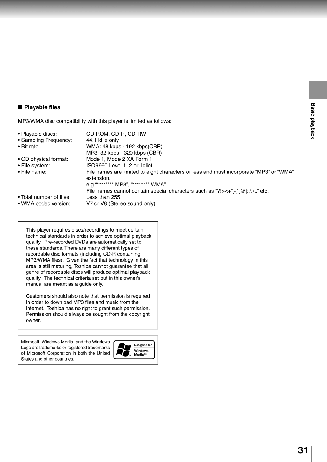 Toshiba SD-P2600 manual Playable files, Cd-Rom, Cd-R, Cd-Rw 