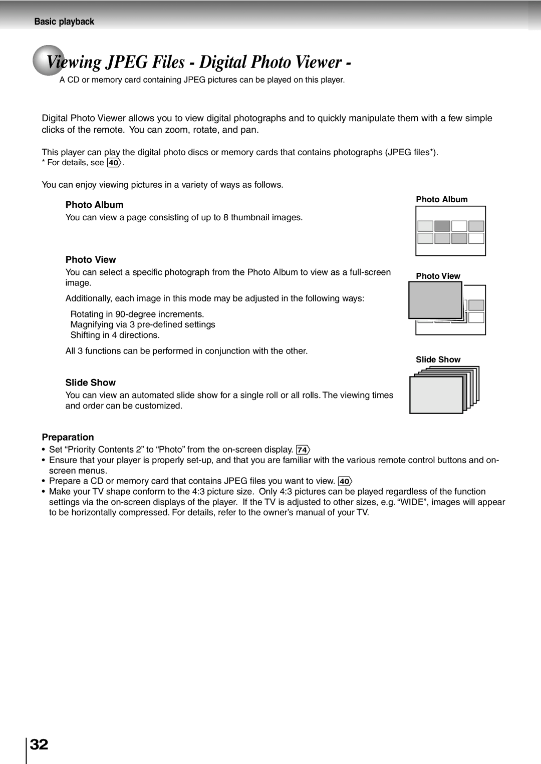 Toshiba SD-P2600 manual Viewing Jpeg Files Digital Photo Viewer, Photo Album Photo View Slide Show 