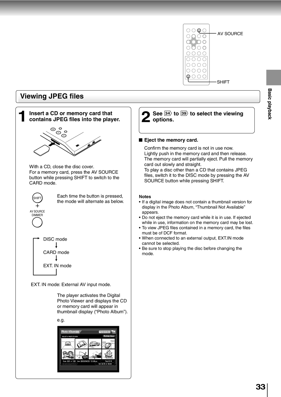 Toshiba SD-P2600 manual Viewing Jpeg files, See 34 to 39 to select the viewing options, Eject the memory card 