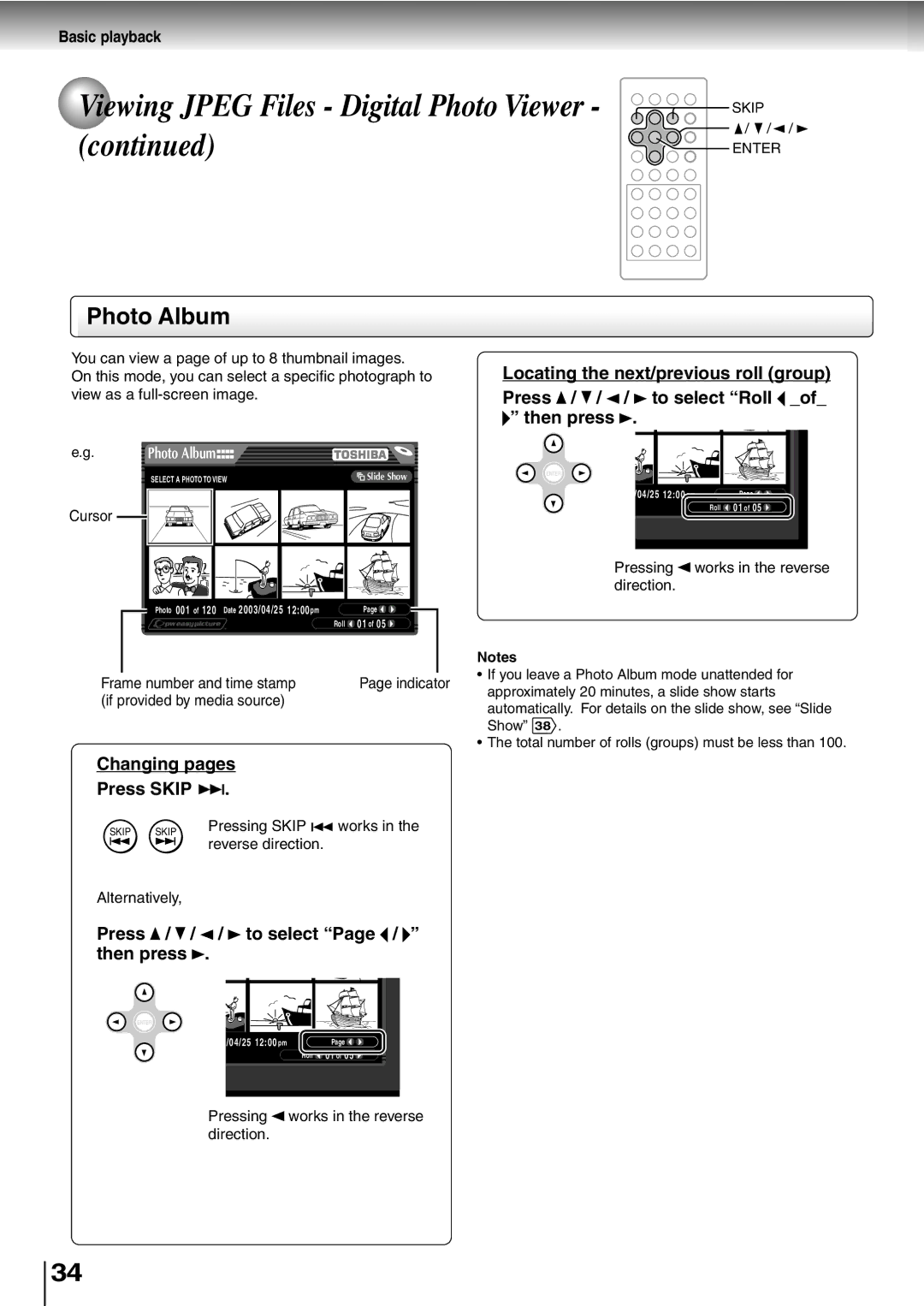 Toshiba SD-P2600 manual Photo Album, Changing pages Press Skip, Press / / / to select Page / then press 