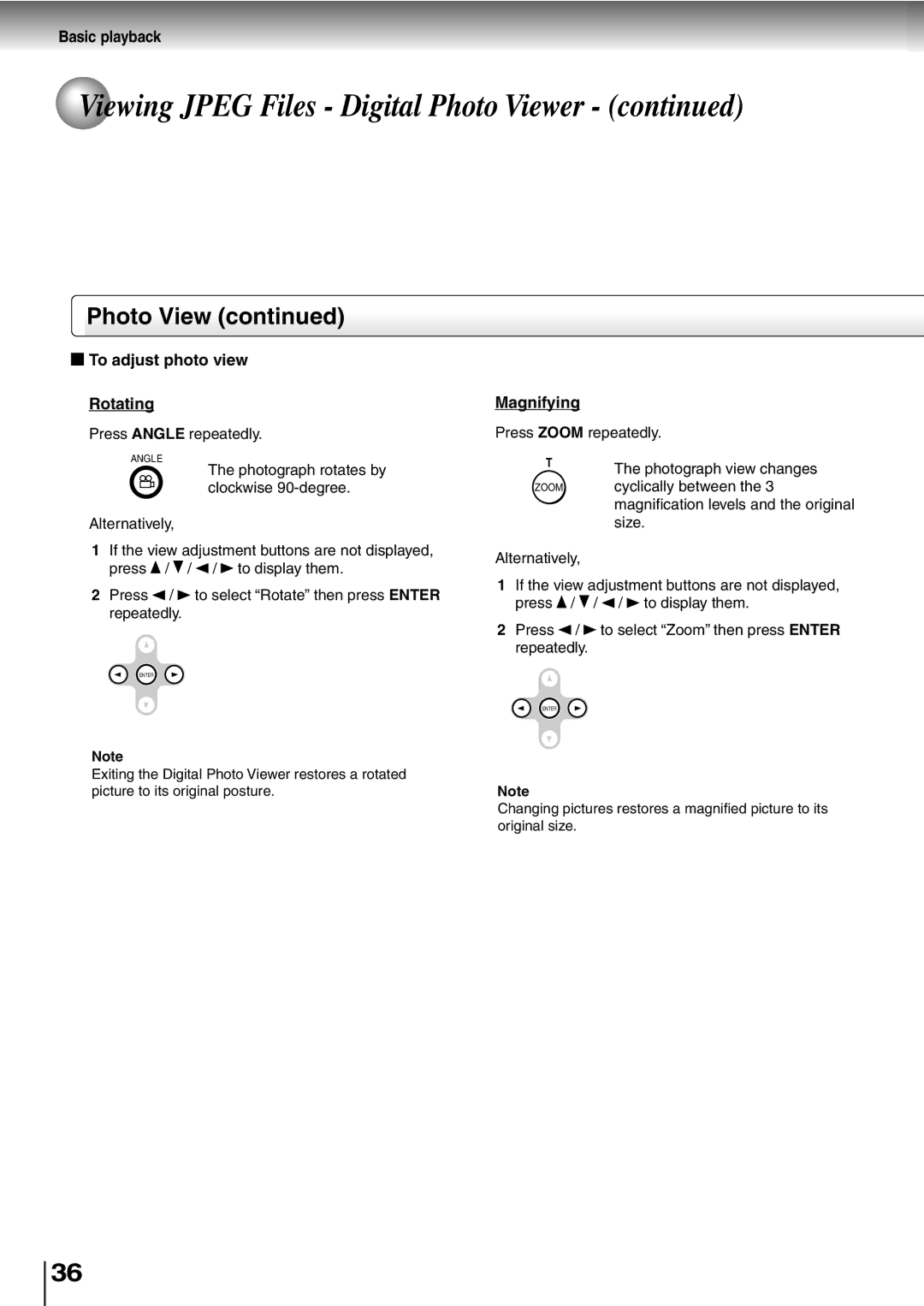 Toshiba SD-P2600 manual To adjust photo view Rotating, Magnifying, Press Angle repeatedly 