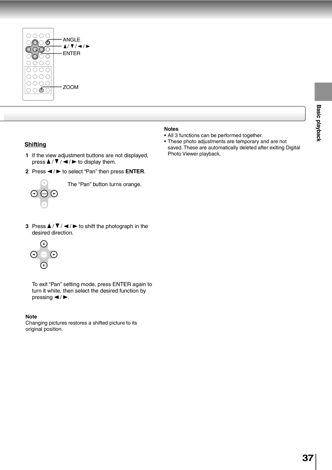 Toshiba SD-P2600 manual Shifting, Press / / / to shift the photograph in the desired direction 