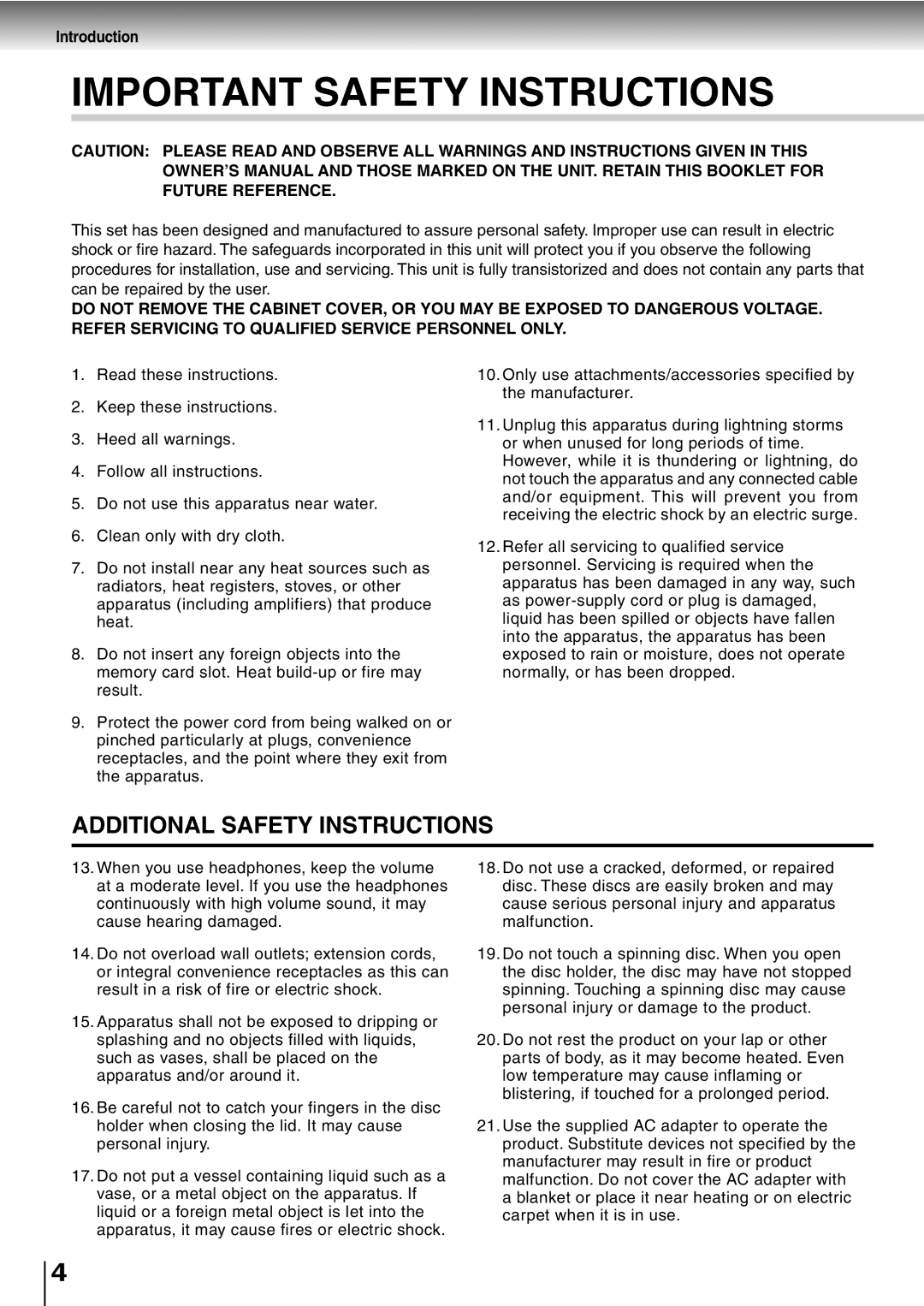 Toshiba SD-P2600 manual Important Safety Instructions 